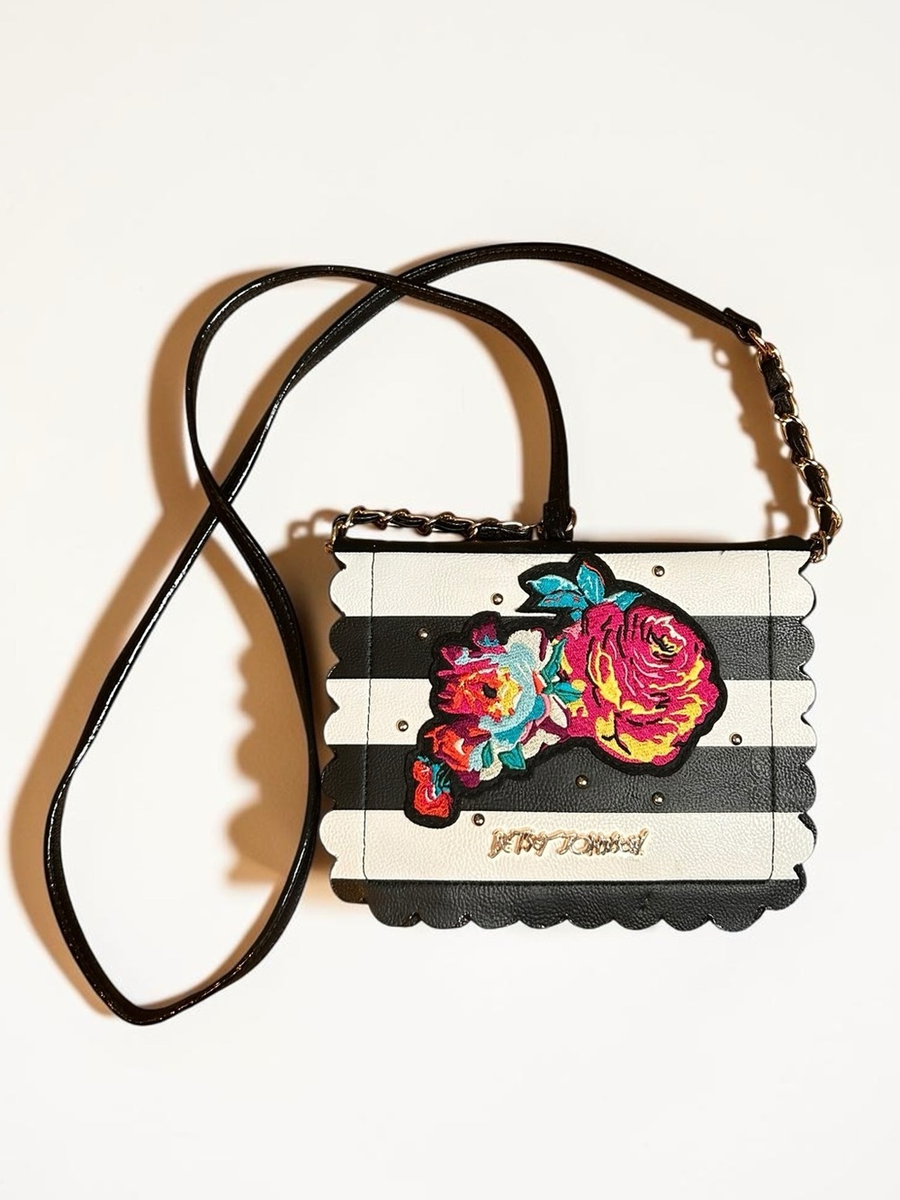 Betsey Johnson "Many Blooms Ago" Floral Stripe Crossbody Wallet On A Strap, NEW